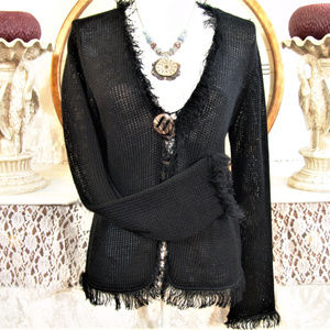 CHICO'S sweater cardigan fringe black knit womens